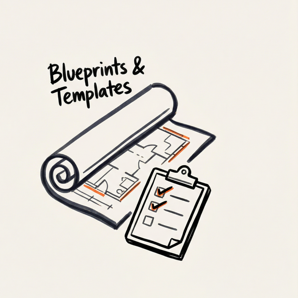 Whiteboard-Illustration mit der Überschrift „Blueprints & Templates“, einer aufgerollten Planzeichnung und einem Klemmbrett mit Checkliste; orange Akzente markieren Details.