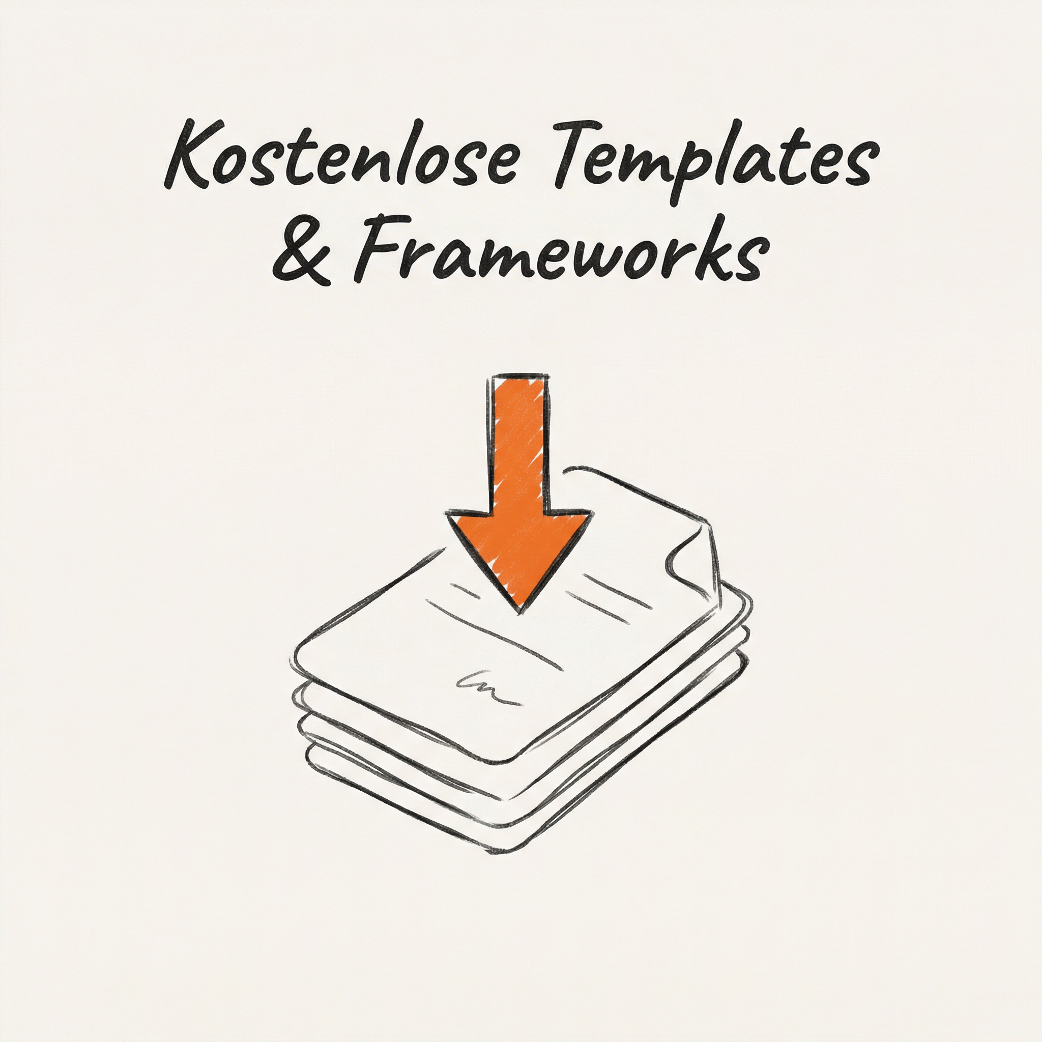Whiteboard-Illustration mit der Überschrift „Kostenlose Templates & Frameworks“ und einem orangefarbenen Download-Pfeil auf einem Stapel Dokumente.