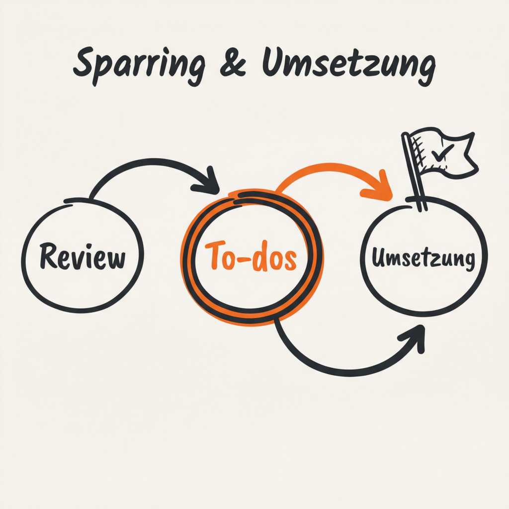Whiteboard-Illustration mit der Überschrift „Sparring & Umsetzung“: drei Kreise „Review“, „To-dos“ (orange hervorgehoben) und „Umsetzung“ mit Pfeilen dazwischen sowie kleiner Zielflagge.